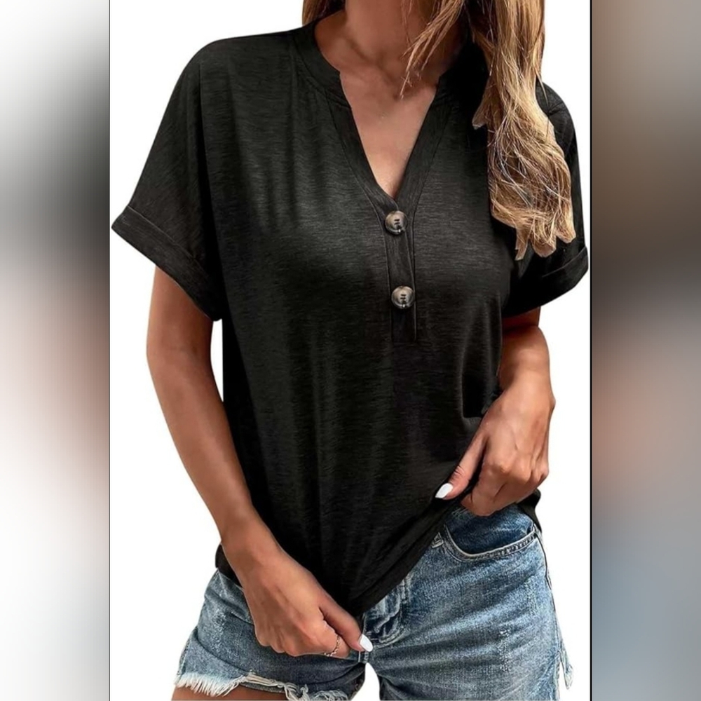 Black Casual Basic Tee T-shirt Small Short Sleeve Henley Shirt Minimalist Soft